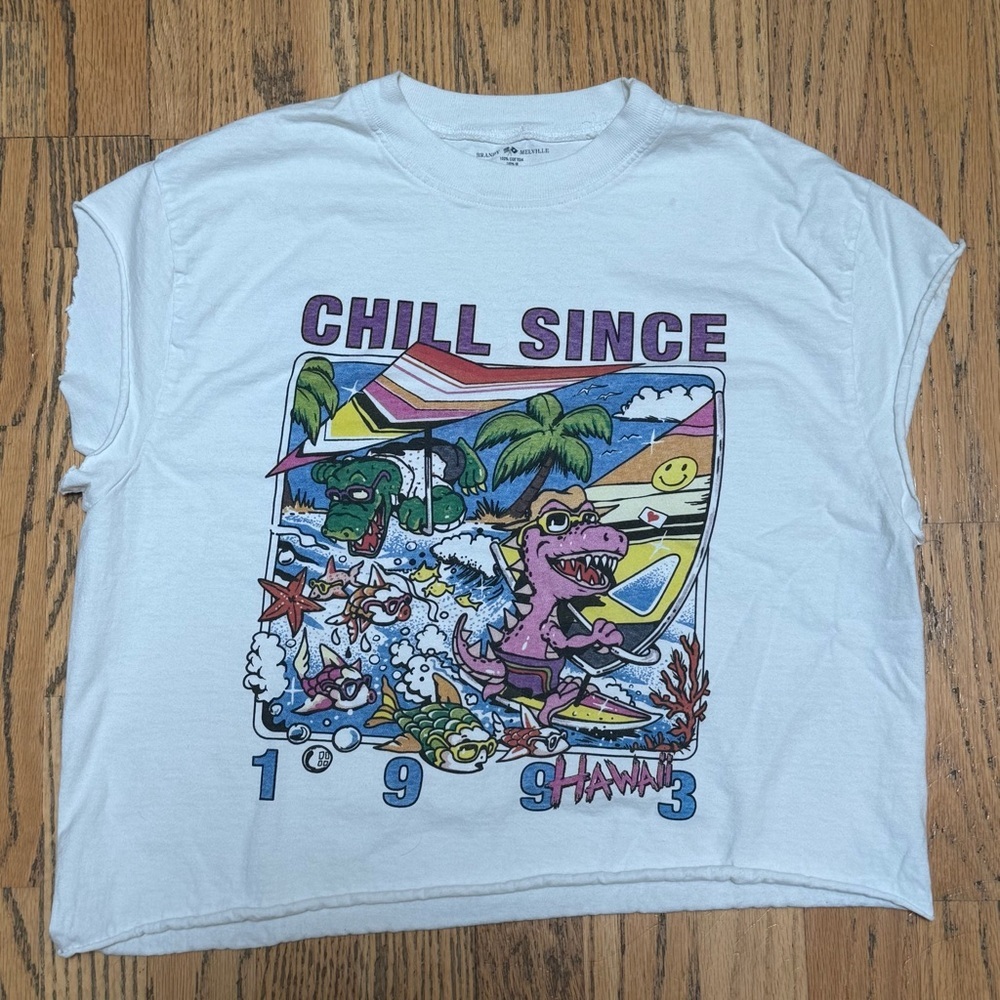 BRANDY MELVILLE Cut Off Muscle Tee Graphic Dinosaur Shirt White One‎ Size